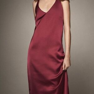 Massimo Dutti Satin Slip Dress in Magenta w black velvet straps NWT sz 40